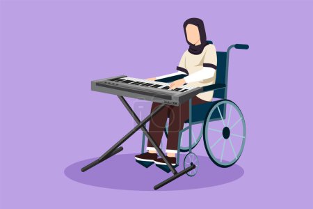 Ilustración de Diseño plano gráfico dibujo Arabian mujer sentarse silla de ruedas jugando teclado eléctrico en el evento de música y cantar canción. Físicamente discapacitado. Paciente del centro de rehabilitación. Dibujos animados estilo vector ilustración - Imagen libre de derechos