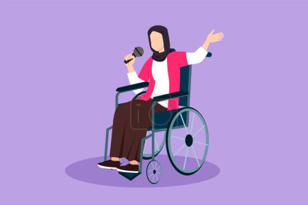 Téléchargez les illustrations : Dessin animé style plat personne handicapée profiter de la vie. Belle femme arabe assise en fauteuil roulant chantant à l'hôpital karaoké. Passez du temps dans un lieu de loisirs. Illustration vectorielle de conception graphique - en licence libre de droit