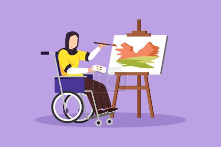 Illustration for Graphic flat design drawing disabled Arabian woman in wheelchair painting landscape on canvas. Rehabilitation physiotherapy treatment. Physical disability activity. Cartoon style vector illustration - Royalty Free Image