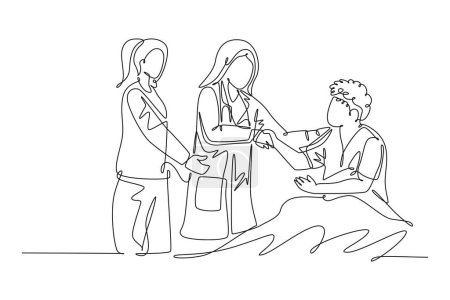 Illustration for Continuous one line drawing pretty female doctor and nurse visit a patient who laying on bed in hospital and handshaking him to ask the condition. Single line draw design vector graphic illustration - Royalty Free Image