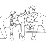 Continuous one line drawing of young happy father have fun playing console video game with his son on the couch together. Parenting family concept. Single line draw design vector graphic illustration