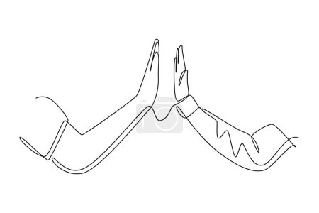 Single one line drawing two men giving high fives gesture hands wearing office clothes to celebrate success. Business teamwork concept. Modern continuous line draw design graphic vector illustration