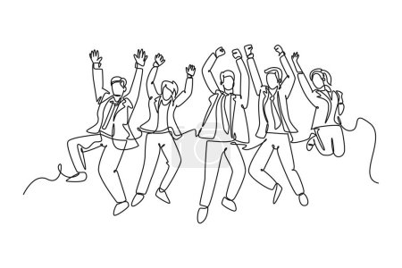 Illustration for Single continuous line drawing young happy business man and business woman jumping to celebrate their successive team business. Business deal concept. One line draw graphic design vector illustration - Royalty Free Image