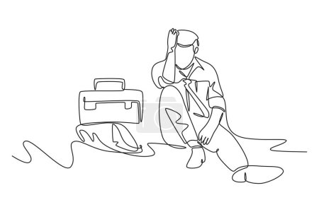Ilustración de Dibujo de una sola línea de empresario deprimido con maletín sentado en la desesperación en el suelo. Entrepreneur expresión triste. Síndrome de burnout profesional. Línea continua dibujo diseño vector ilustración - Imagen libre de derechos