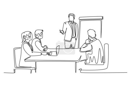 Ilustración de Continuo dibujo de una línea joven empresario feliz y mujer de negocios discutir en la sala de reuniones de la oficina. Reunión de negocios y concepto de presentación. Ilustración gráfica vectorial de diseño de línea única - Imagen libre de derechos