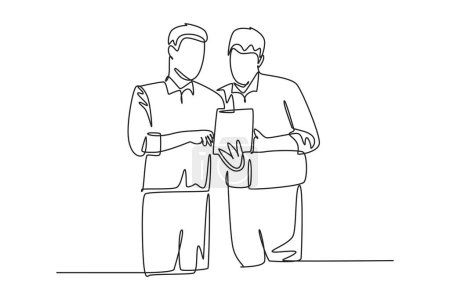 Single continuous line drawing of young employee talking to his colleague discussing new company project during meeting. Office talk concept. Dynamic one line draw graphic design vector illustration
