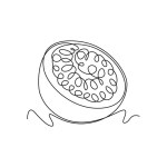 Single one line drawing half sliced healthy organic passion fruit for orchard logo identity. Fresh summer fruits concept for fruit garden icon. Continuous line draw design graphic vector illustration