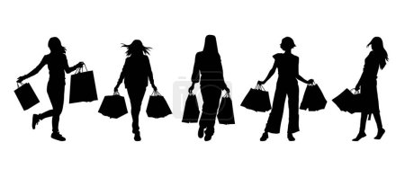 Illustration for Woman carrying shopping bags vector silhouette in collection - Royalty Free Image
