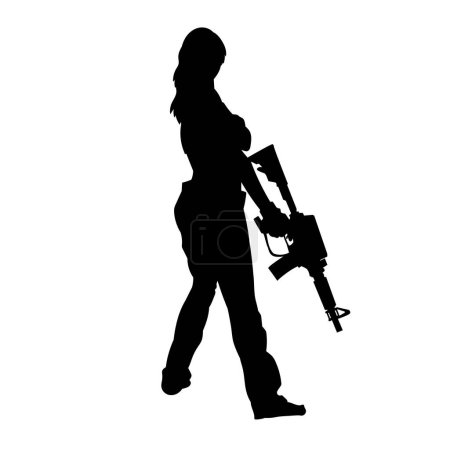 Illustration for Silhouette of a woman soldier holding machine gun. silhouette of a femme fatale with firearm weapon. - Royalty Free Image
