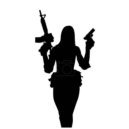 Illustration for Silhouette of a seductive woman holding pistol gun. femme fatale silhouette. silhouette of a female soldier. - Royalty Free Image