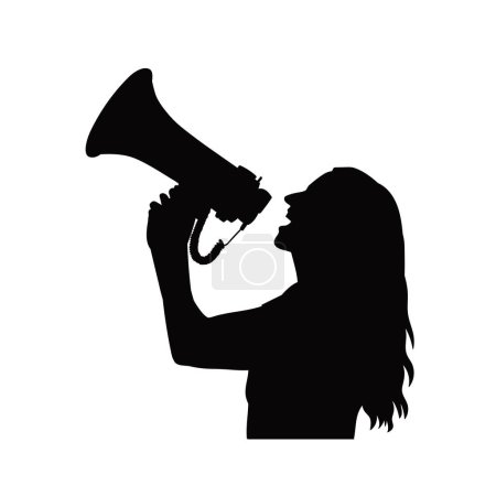 silhouette d'une femme criant sur un haut-parleur mégaphone. silhouette d'une femme faisant promotion crier