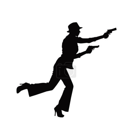 Illustration for Silhouette of a detective woman wearing fedora hat and holding handgun. - Royalty Free Image