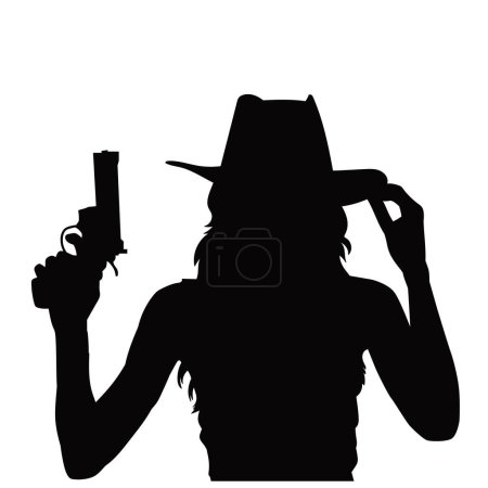 Silhouette eines Cowgirls mit einer Handfeuerwaffe. Silhouette einer Sheriff-Frau mit Pistole.