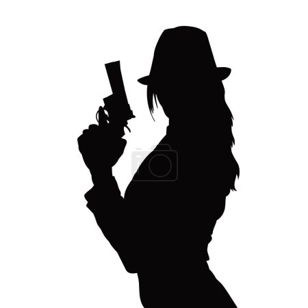 silhouette of a detective woman wearing fedora hat and holding a handgun. 