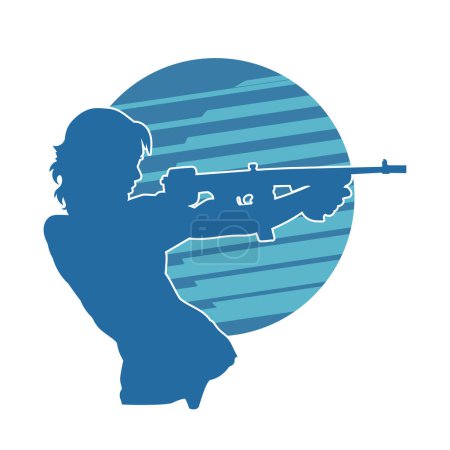 Illustration for Silhouette of a woman with riffle machine gun shooting - Royalty Free Image