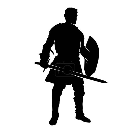 Ilustración de Silueta de un guerrero caballero disfrazado de armadura de guerra sosteniendo arma espada espada. Silueta de un soldado paladín medieval portando arma de espada. - Imagen libre de derechos