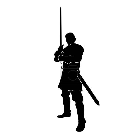 Ilustración de Silueta de un guerrero caballero disfrazado de armadura de guerra sosteniendo arma espada espada. Silueta de un soldado paladín medieval portando arma de espada. - Imagen libre de derechos