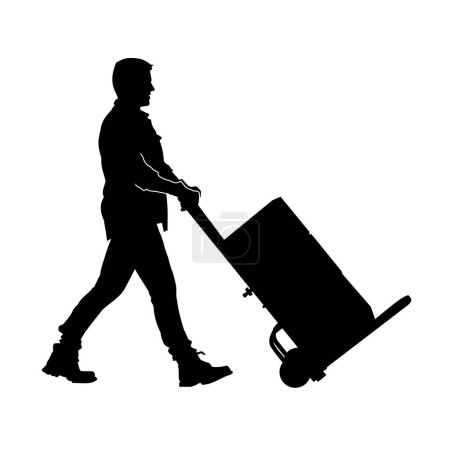 Silhouette of a male warehouse worker trasporting boxes with lori wheels.
