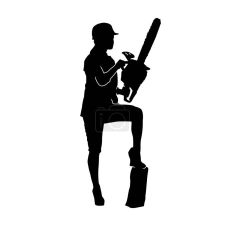 Illustration for Silhouette of a female construction worker carrying machine chainsaw tool. Silhouette of a woman lumberjack holding power tool chainsaw. - Royalty Free Image