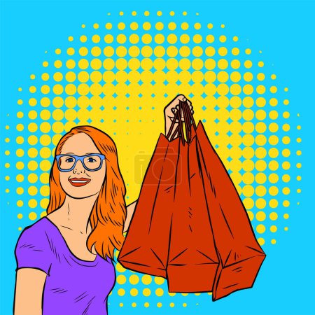 Illustration for Illustration of a fashionable woman carrying her shopping bags. Illustration of a shopping female in retro comic pop art style. - Royalty Free Image