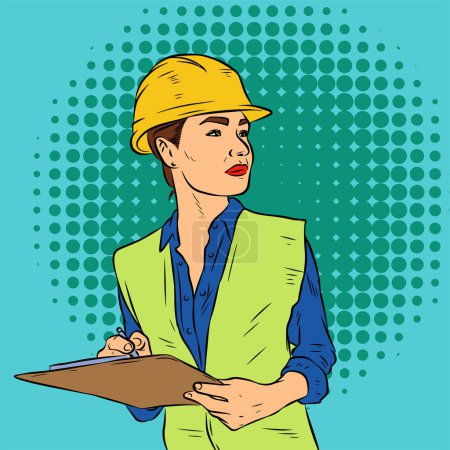 Illustration einer Frau im Bauarbeiterkostüm, die posiert. Illustration einer Ingenieurin in Retro-Comic-Pop-Art-Pose.