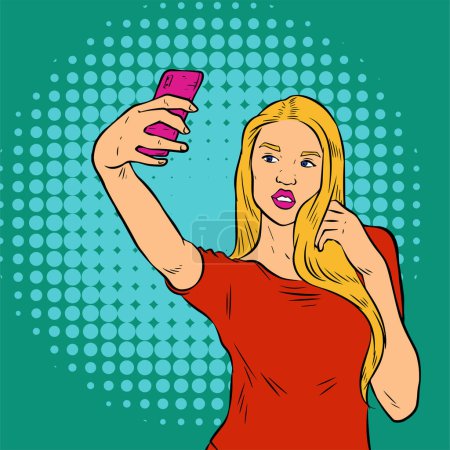 Foto de Ilustración de una hermosa mujer tomando selfie con su dispositivo de teléfono móvil. Ilustración de la pose de selfie femenina en estilo retro de arte pop cómico. - Imagen libre de derechos