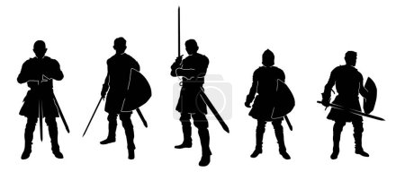 Colección silueta de guerrero romano o soldado en acción posar con arma de espada. Varios espadachín antiguo pose siluetas.