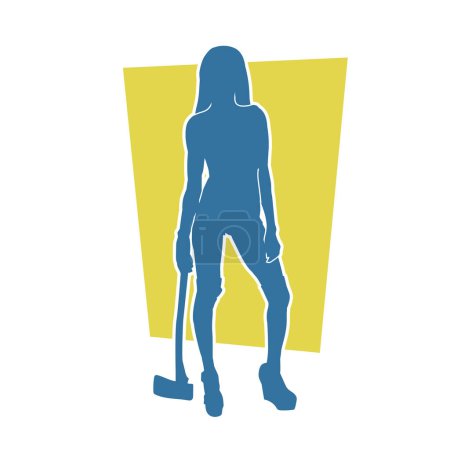 Téléchargez les illustrations : Silhouette d'une combattante sexy mince en pose portant un outil de hache. Silhouette d'un bûcheron femelle en pose avec outil à hache. - en licence libre de droit