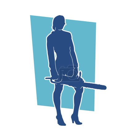 Illustration for Silhouette of a female construction worker carrying machine chainsaw tool. Silhouette of a woman lumberjack holding power tool chainsaw. - Royalty Free Image