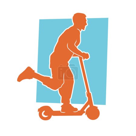 Téléchargez les illustrations : Silhouette d'un homme monter un véhicule à roues scooter électrique. Silhouette d'un mâle équitation scooter électrique slider board. - en licence libre de droit