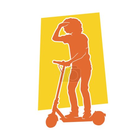 Téléchargez les illustrations : Silhouette d'un homme monter un véhicule à roues scooter électrique. Silhouette d'un mâle équitation scooter électrique slider board. - en licence libre de droit