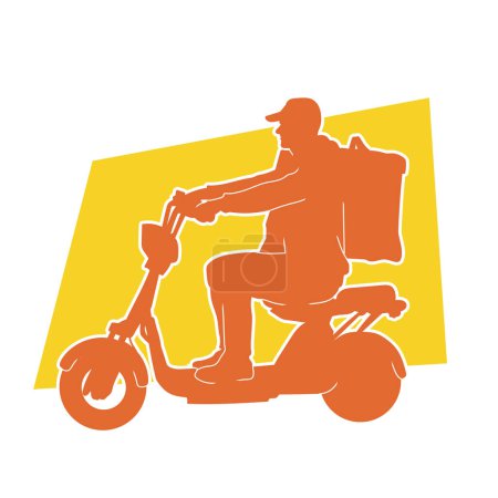 Ilustración de Silueta de un mensajero de reparto montando su bicicleta motorizada pedelec eléctrica. Silueta de un mensajero masculino llevando bolsa de comida entregando en su vehículo de bicicleta eléctrica. - Imagen libre de derechos