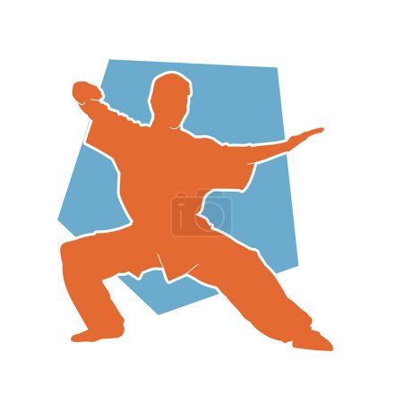 Illustration for Silhouette of a martial art male in fighting pose. Silhouette of a man doing martial art action pose. - Royalty Free Image