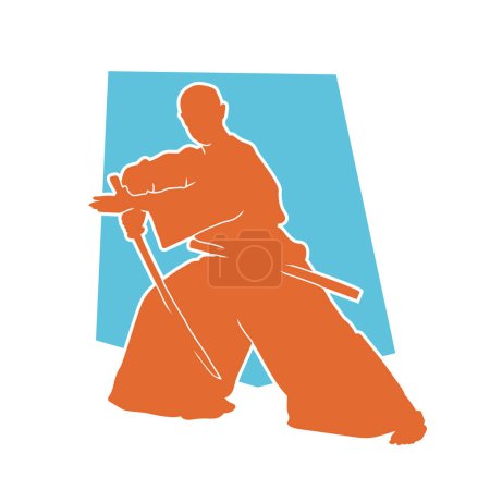 Ilustración de La silueta de un practicante de arte marcial aikido en acción posa con un arma de espada. Silueta de un artista marcial masculino luchando movimiento en aikido. - Imagen libre de derechos