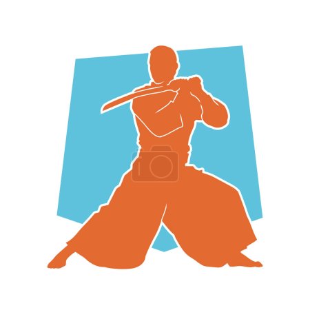 Silhouette eines Aikido-Kampfsportlers in Action-Pose mit einer Schwertwaffe. Silhouette eines männlichen Kampfsportlers, der im Aikido kämpft.