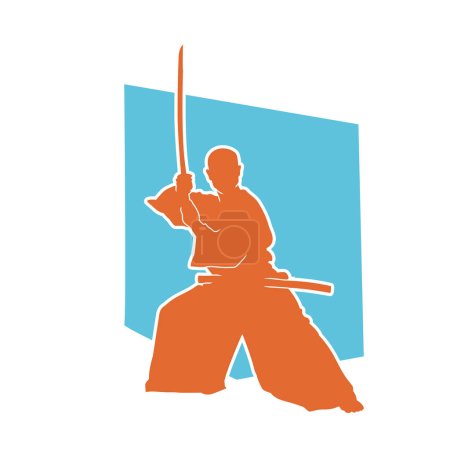 Silhouette of an aikido martial art practitioner in action pose with a sword weapon. Silhouette of a male martial artist fighting move in aikido.