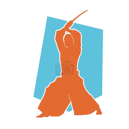 Silhouette eines Aikido-Kampfsportlers in Action-Pose mit einer Schwertwaffe. Silhouette eines männlichen Kampfsportlers, der im Aikido kämpft.