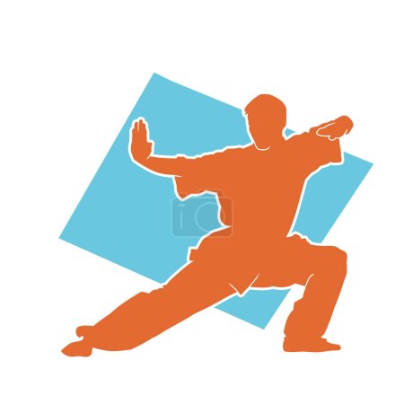 Illustration for Silhouette of a martial art male in fighting pose. Silhouette of a man doing martial art action pose. - Royalty Free Image