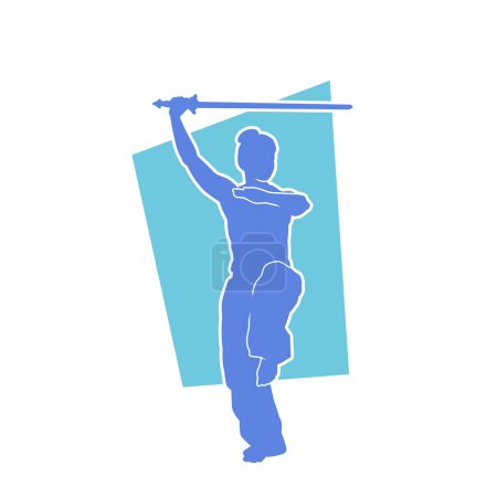 Illustration for Silhouette of a martial art woman in action pose with sword weapon. Silhouette of a sword blade or samurai blade movement by martial art practitioner. - Royalty Free Image
