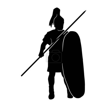 Ilustración de Silueta de un antiguo guerrero roma con armadura de guerra y arma de lanza en acción posan portando escudo. - Imagen libre de derechos