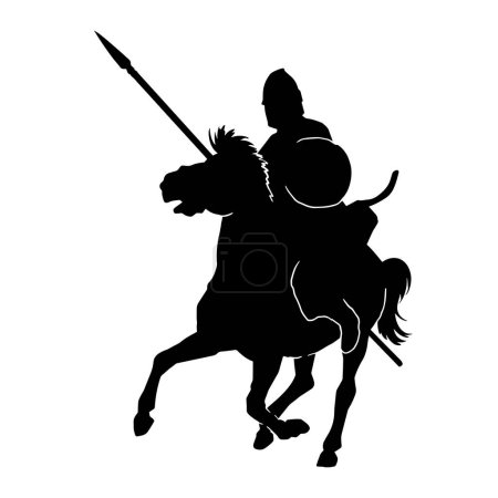 Ilustración de Silueta de un soldado anciano macho con traje de armadura y arma de lanza montar a caballo en una guerra. - Imagen libre de derechos