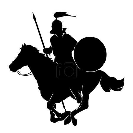 Ilustración de Silueta de un soldado anciano macho con traje de armadura y arma de lanza montar a caballo en una guerra. - Imagen libre de derechos