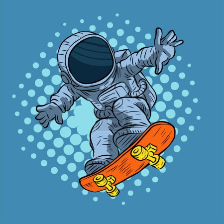 Foto de Ilustración de un astronauta en pose surrealista en monopatín dibujado en estilo retro cómic pop art. - Imagen libre de derechos