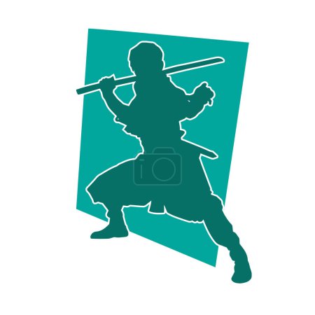 Ilustración de Silueta de un luchador con traje ninja en pose de acción. Silueta de un ninjutsu portando espada o arma samurai. - Imagen libre de derechos
