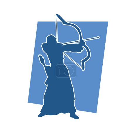 Illustration for Silhouette of a male archer in action pose. Silhouette of a man with archery weapon of arch and bow. - Royalty Free Image