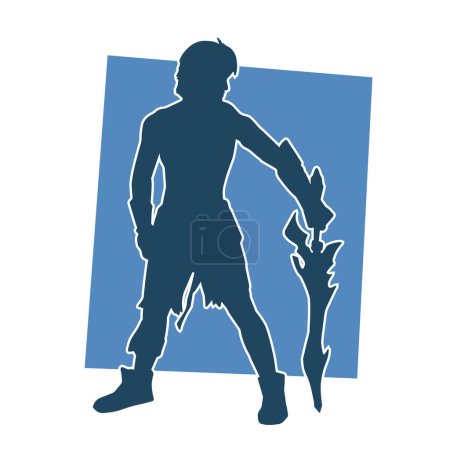 Ilustración de Silueta de un guerrero masculino en acción posan con arma de espada. Silueta de un hombre luchador portando arma de espada. - Imagen libre de derechos