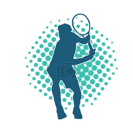 Illustration for Silhouette of a male tennis player in action pose. Silhouette of a man playing tennis sport with racket. - Royalty Free Image