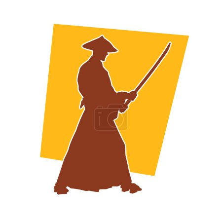 Illustration for Silhouette of a kungfu or wushu martial art athlete in action pose. Silhouette of a male martial art person in pose with swords weapon. - Royalty Free Image