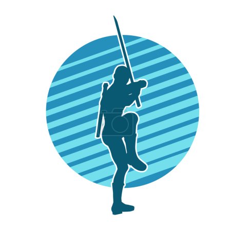 Ilustración de Silueta de un guerrero masculino en acción posan con arma de espada. Silueta de un hombre luchador portando arma de espada. - Imagen libre de derechos