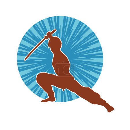 Illustration for Silhouette of a kungfu or wushu martial art athlete in action pose. Silhouette of a male martial art person in pose with swords weapon. - Royalty Free Image
